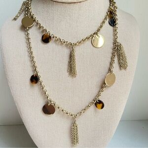 Chico’s faux tortoiseshell and goldtone disks tassels on single strand necklace